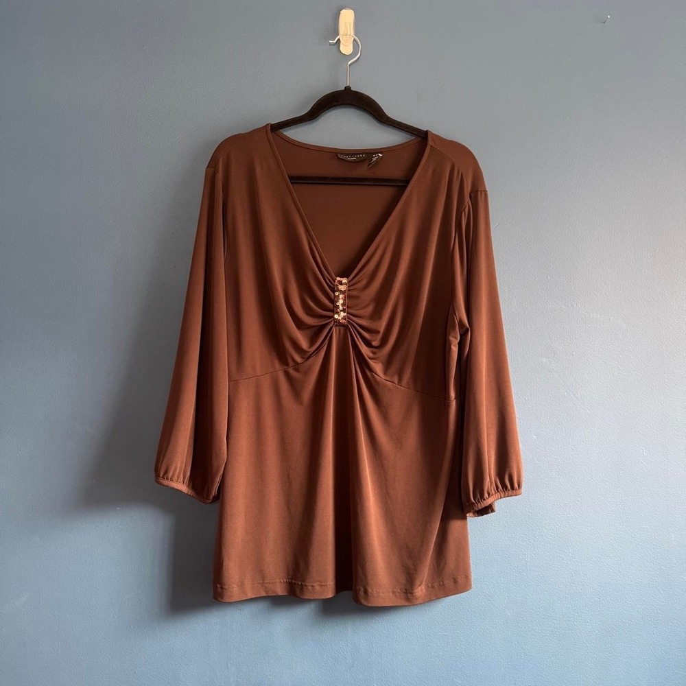 Y2K Sequin Blouse Women's Plus Size 16-18 Brown Stretch Apostrophe V Neck Retro